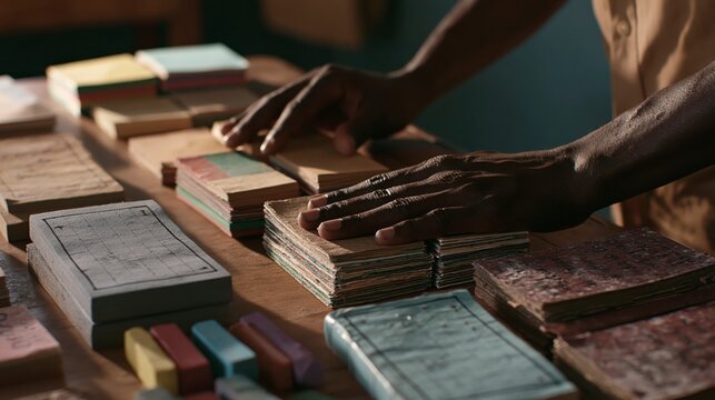Hands crafting handmade paper books and stationery on a wooden table , back to school photo