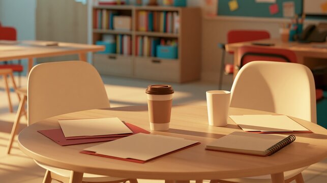 Warmly lit classroom or meeting room with tables, chairs, and study materials , back to school photo