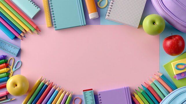Colorful school supplies and apple arranged on a light grey wooden background , back to school photo