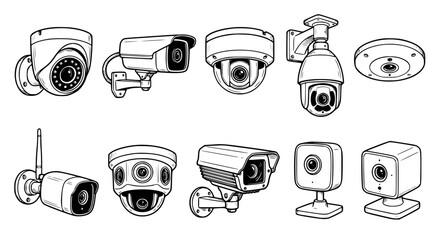 security camera vector, cctv camera illustration, black white surveillance icons, dome bullet camera, ip camera line art, security system clipart, monitoring camera set, safety equipment vector, home  © Service