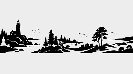 Fototapeta premium Coastal landscape with lighthouse and trees
