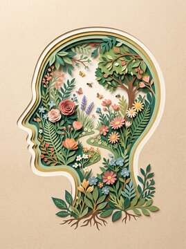 Mental health and mindfulness concept illustration featuring a human head silhouette filled with a lush papercut flower garden