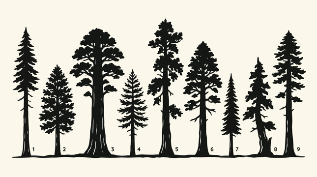 Collection of coniferous tree silhouettes