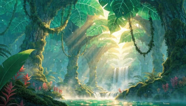 A lush tropical rainforest scene with a cascading waterfall and sunlight