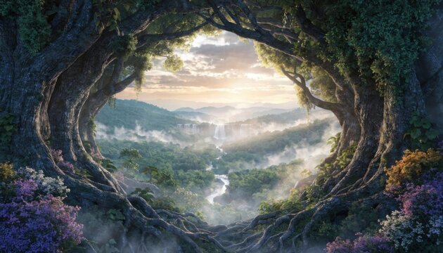 A mystical hidden forest opening revealing a beautiful sunlit mountain valley