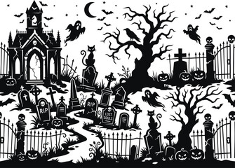 Obraz premium Spooky halloween cemetery scene with ghosts bats and haunted mansion