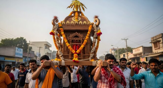 Men carrying a decorated wooden palanquin during a religious procession, celebrating Dussehra. Traditional Indian festival and spiritual event.