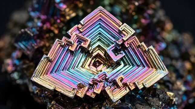 Close up of a vibrant rainbow colored synthetic bismuth crystal