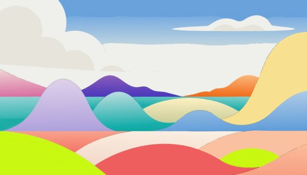 Colorful abstract rolling hills landscape with vibrant shapes and blue sky