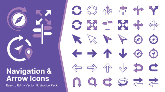 Purple navigation and arrow icons set, flat vector map direction symbols, compass and cursor sign collection for UI design
