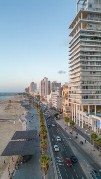 aerial view of herbert samuel street with modern skyscraper and beach promenade in tel aviv israel