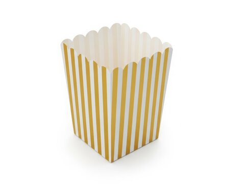 A white and yellow striped paper popcorn container on a white background