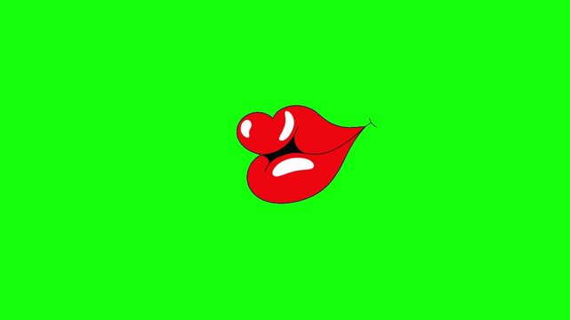 Glossy bright red lips in a puckered kissing pose with white highlights and bold black outlines are centered on solid bright lime green background in clean pop-art cartoon style.