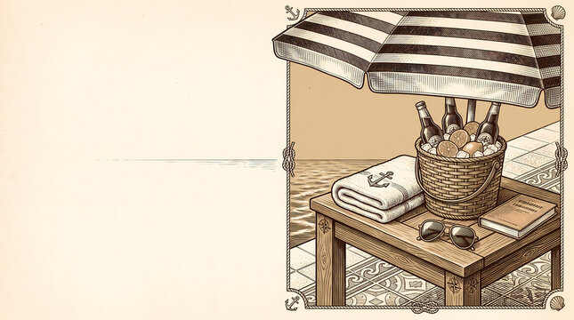 Vintage Engraving of Poolside Summer Refreshment Station