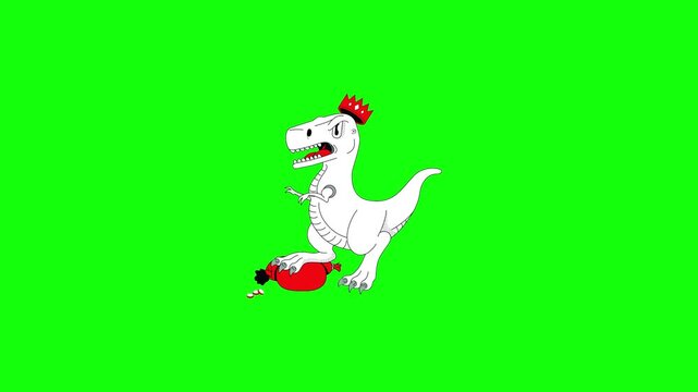 A menacing white cartoon dinosaur wearing a red crown stands aggressively with one foot crushing a red broken sack on solid bright lime green background in bold vector style.