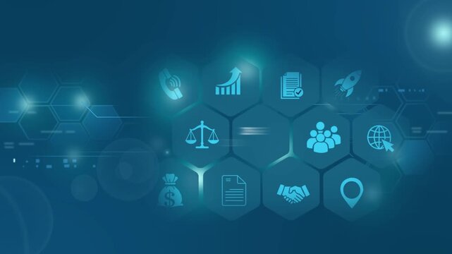 Digital business strategy infographic with hexagonal network and growth concepts technology