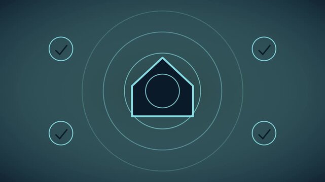 Smart home automation concept with house and checkmarks for security and connectivity animation 4k