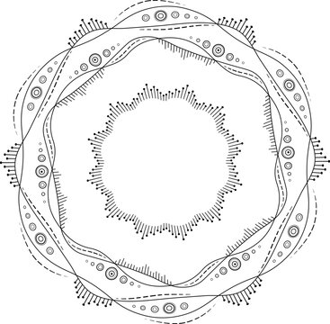 Monochrome mandala of abstract wavy lines. Black white illustration in zentangle style. Randomly black circles and lines on transparent background. Unusual round design element