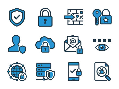 Cybersecurity icons representing digital protection and data safety.