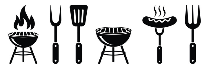BBQ grill icon with barbecue tools, spatula, grill fork, picnic fire, clean black and white vector illustration for food graphics © GIBBI RWW