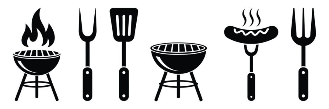 BBQ grill icon with barbecue tools, spatula, grill fork, picnic fire, clean black and white vector illustration for food graphics