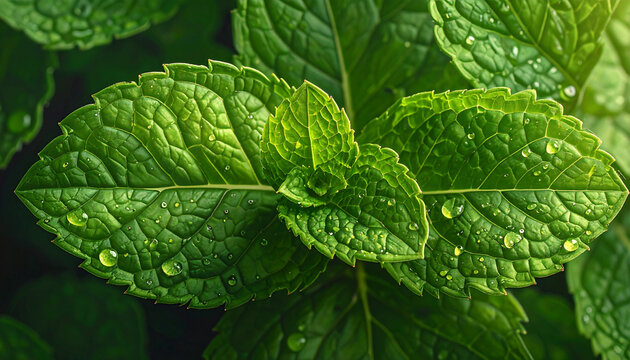 Close-up macro photography of wet green mint leaves with dew drops