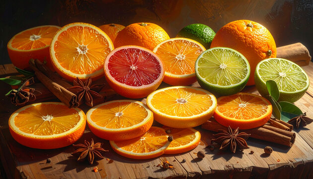 Assortment of Fresh Citrus Fruits and Spices on Wooden Surface