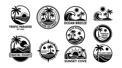 Tropical island logo set with palm trees and beach © MohammadAkib
