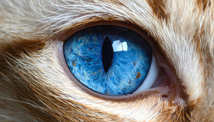 Extreme close-up of vibrant blue cat eye with vertical pupil and fur © kingindo