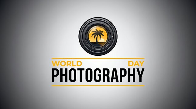 World photography day celebration with camera lens and palm tree