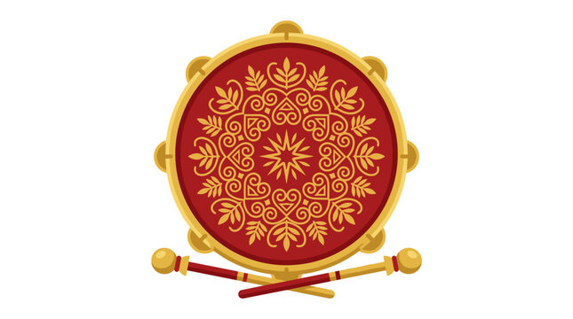 Drum with gold-patterned drumsticks isolated on a white background