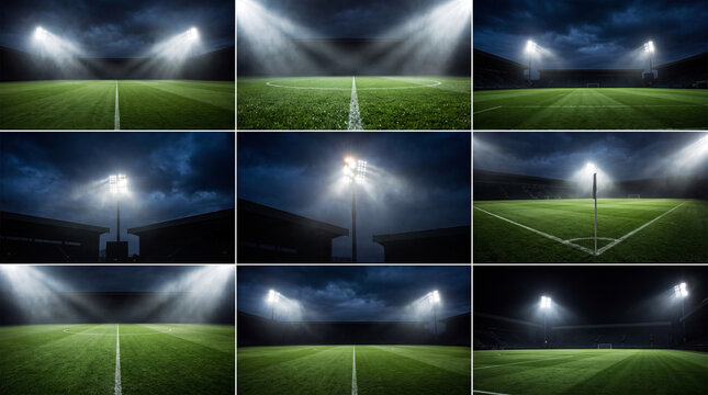 Nighttime collage of empty soccer stadium fields under bright floodlights with dramatic light beams and dark moody sky backgrounds for sports concept