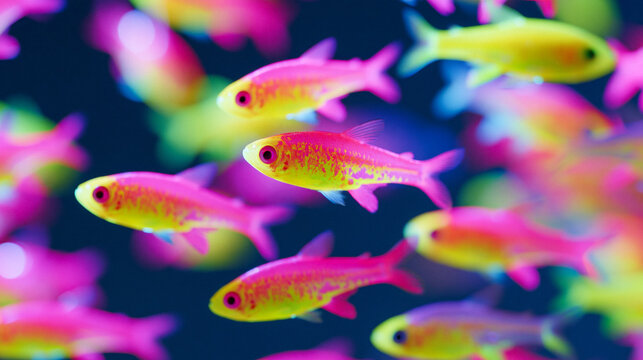 A group of vibrant neon pink and yellow fish swim together underwater. Their scales glow brightly, creating a vivid and eye-catching aquatic scene.