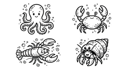 Obraz premium Tiny Sea Creatures Grid Vector Doodle Set: Hand Drawn Marine Life Collection Featuring Small Octopus, Swimming Crab, Crawling Lobster and Little Hermit Crab with Water Bubbles