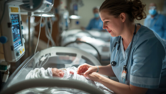 Neonatal intensive care unit nurse caring for a newborn baby in an incubator with medical monitoring equipment