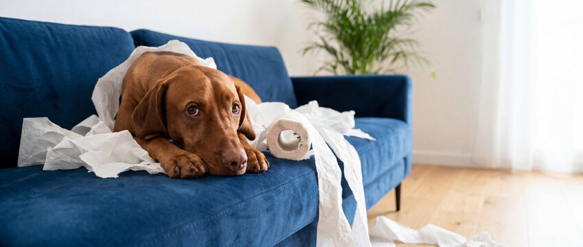 Guilty dog tangled in toilet paper lies on a blue velvet sofa in a bright living room, showcasing a funny domestic mess and pet behavior ideal for veterinary or training advertisements