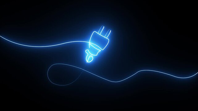 Glowing blue neon electric power plug with cord illustration on a black background