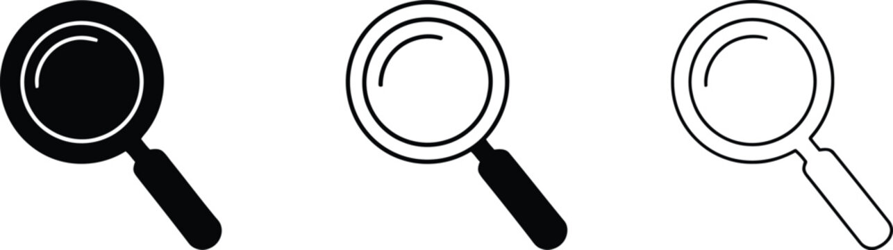 Magnifying glass icon set in black and white vector illustration.
