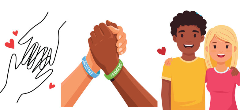 Friendship and Diversity Illustration Set with Unity Handshake Love Multicultural People and Inclusive Community Vector Collection