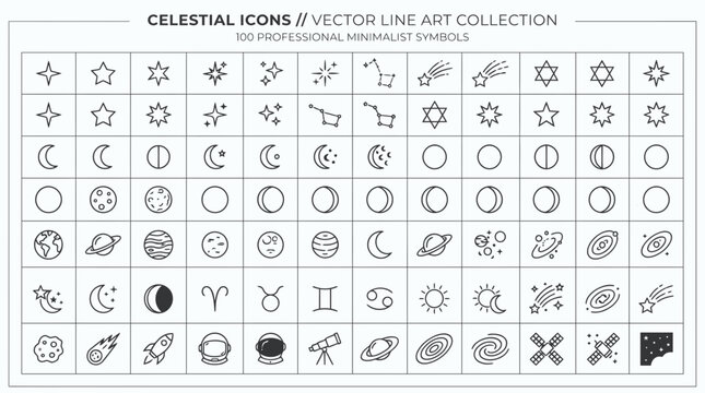Celestial Icons Grid Featuring Minimalist Vector Line Art Symbols of Stars Planets and Space Objects
