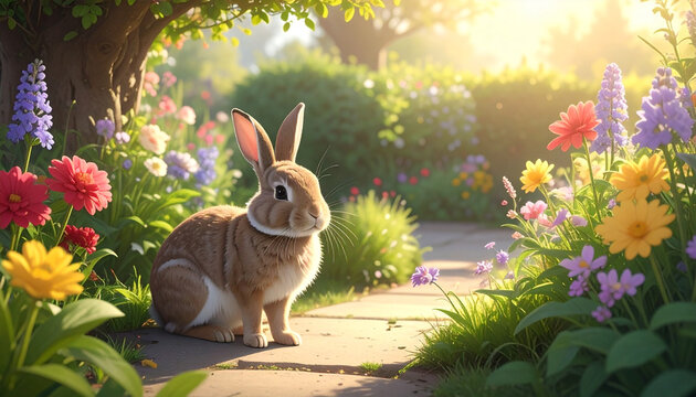 Cute rabbit sitting in a sunny garden amongst colorful flowers