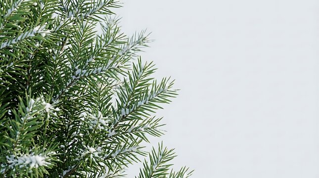 A close up of green cephalotaxus foliage covered in light winter snow against a plain light gray background for a natural seasonal botanical texture