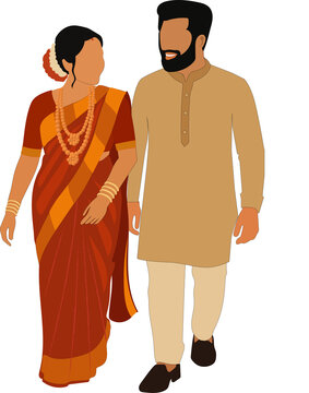 South Indian wedding couple illustration for save the date, wedding invitation and e-invite cards	