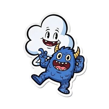 Blue monster and happy cloud characters furry cartoon isolated on a transparent background
