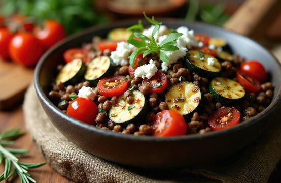 Lentil salad with grilled zucchini slices and cherry tomatoes. Topped with crumbled feta cheese and fresh herbs. Served in rustic bowl on wooden table. Healthy vegetarian meal.