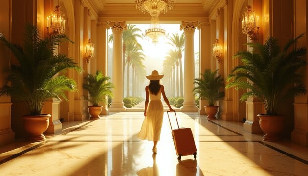 Woman arrives at grand luxury hotel lobby with suitcase. Elegant lady walks through ornate marble foyer towards bright sunlight under hanging chandeliers, tropical palm plants. Tourist enters classic