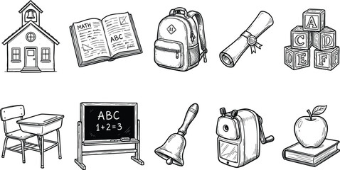 Back to school and elementary education vector line art icon set featuring schoolhouse textbook backpack diploma blackboard and alphabet blocks symbols © Noyon
