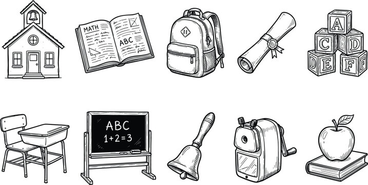 Back to school and elementary education vector line art icon set featuring schoolhouse textbook backpack diploma blackboard and alphabet blocks symbols