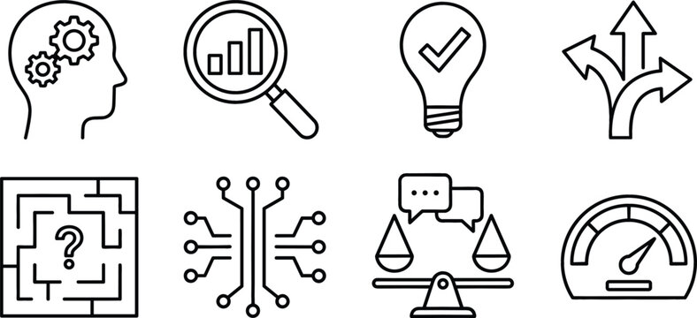 Business strategy and decision making line icon set featuring logical thinking research idea solution pathway maze and performance gauge symbols