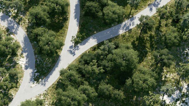 Elegent photo of Aerial view of a Y-shaped fork in a paved forest road surrounded by lush trees. Represents decision making, life paths, and choice in nature.